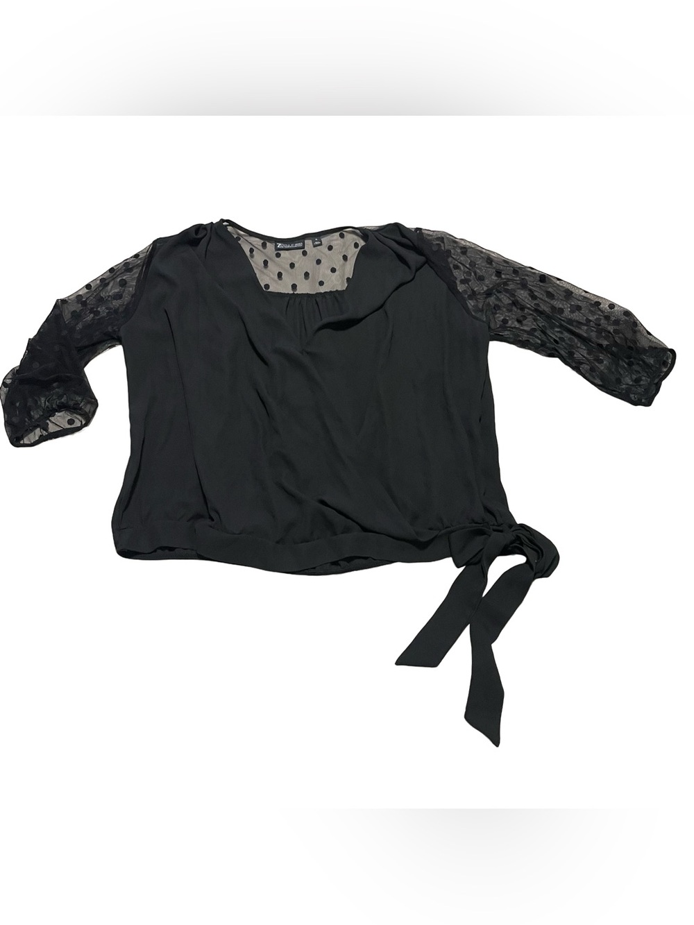 New York & Company Black Polka-Dot Sheer Sleeve Tie-Front Blouse